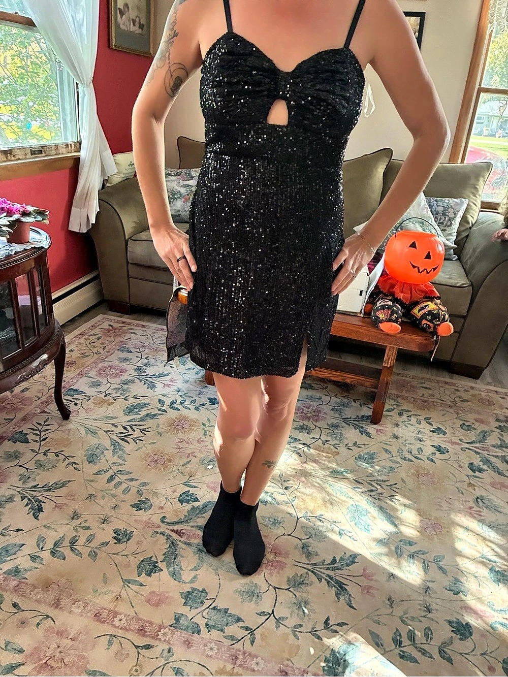 Main Strip Sequin Mini Dress in Black NWT